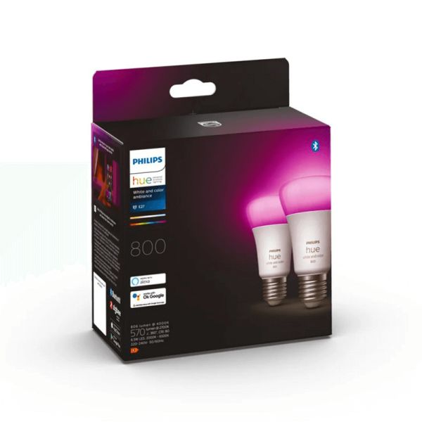 Bombilla inteligente Philips Hue White and Color Ambiance LED 6.5W 2000K-6500K RGB A60 E27 830lm Pack 2 caja producto