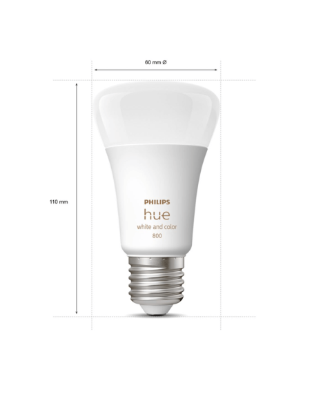Bombilla inteligente Philips Hue White and Color Ambiance LED 6.5W 2000K-6500K RGB A60 E27 830lm Pack 2 medidas producto