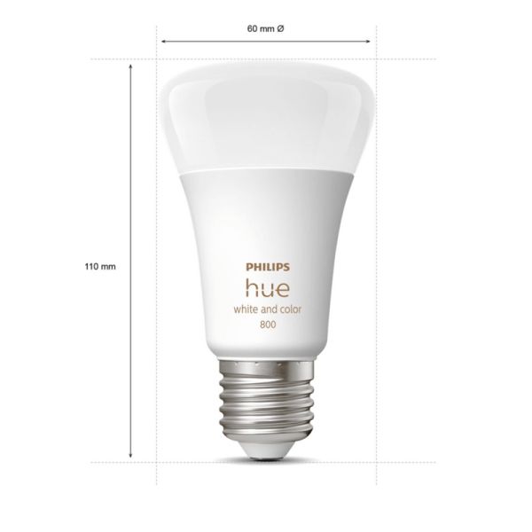 Bombilla inteligente Philips Hue White and Color Ambiance LED 6.5W 2000K-6500K RGB A60 E27 830lm Pack 2 medidas producto