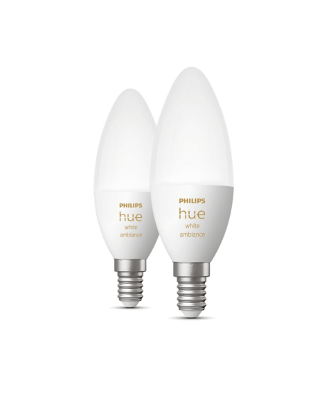Ampoule connectée Philips Hue White Ambiance LED 4W 2200K-6500K Bougie E14 470lm Pack 2