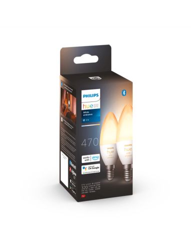 Bombilla inteligente  Philips Hue White Ambiance LED 4W 2200K-6500K  Vela E14 470lm Pack 2 caja producto