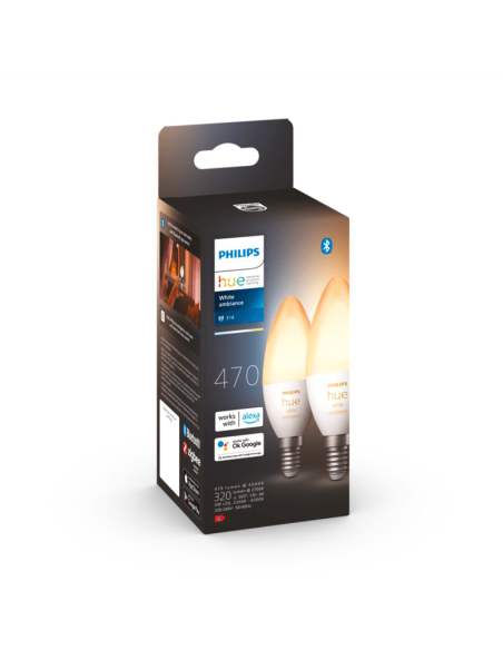Bombilla inteligente  Philips Hue White Ambiance LED 4W 2200K-6500K  Vela E14 470lm Pack 2 caja producto