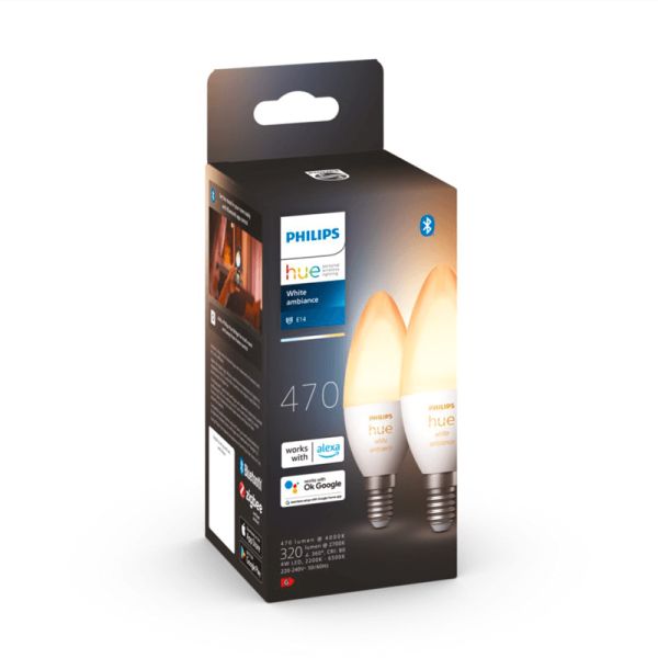 Lâmpada inteligente Philips Hue White Ambiance LED 4W 2200K-6500K Vela E14 470lm Pack 2 caixa do produto
