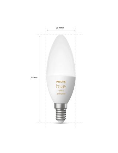 Bombilla inteligente  Philips Hue White Ambiance LED 4W 2200K-6500K  Vela E14 470lm Pack 2 medidas producto