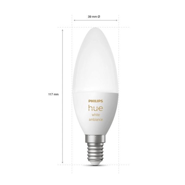 Lâmpada inteligente Philips Hue White Ambiance LED 4W 2200K-6500K Vela E14 470lm Pacote 2 medidas produto