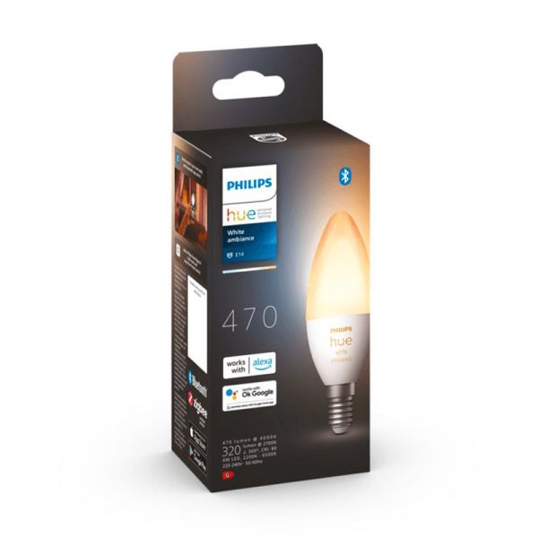 Bombilla inteligente Philips Hue White Ambiance LED 4W 2200K-6500K Vela 470lm E14 caja producto