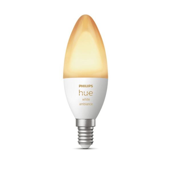 Bombilla inteligente Philips Hue White Ambiance LED 4W 2200K-6500K Vela 470lm E14 encendida luz cálida