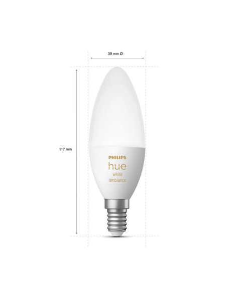 Bombilla inteligente Philips Hue White Ambiance LED 4W 2200K-6500K Vela 470lm E14 medidas producto