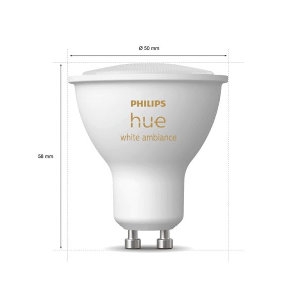 Ampoule intelligente Philips Hue White Ambiance LED 5W 2200K-6500K GU10 350lm Pack 3 mesures produit
