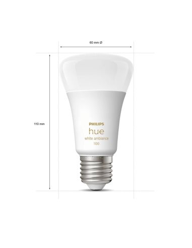 Bombilla inteligente Philips Hue White Ambiance A60 8W 2200K-6500K E27 1100lm Pack 2 medidas producto
