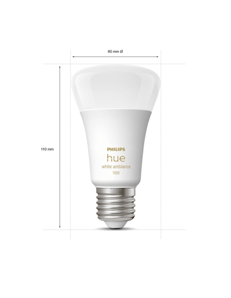 Bombilla inteligente Philips Hue White Ambiance A60 8W 2200K-6500K E27 1100lm Pack 2 medidas producto