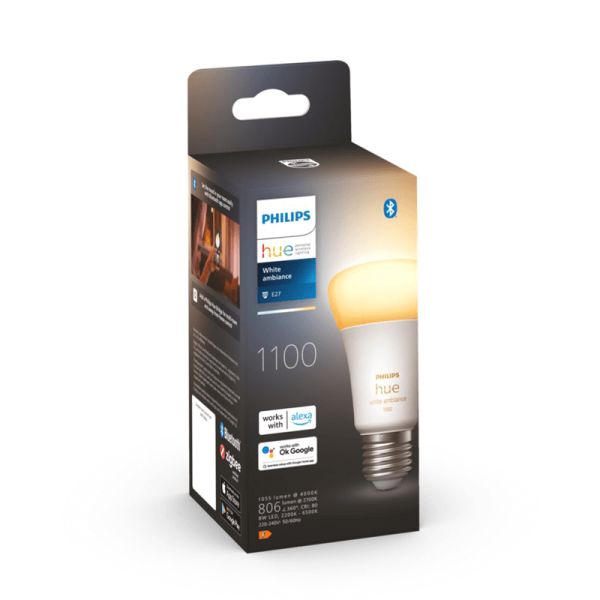 Bombilla inteligente Philips Hue White Ambiance A60 8W 2200K-6500K E27 1100lm caja producto