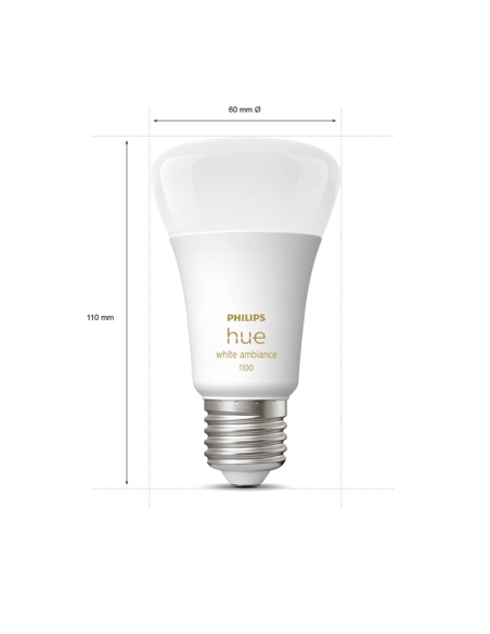 Bombilla inteligente Philips Hue White Ambiance A60 8W 2200K-6500K E27 1100lm medidas producto
