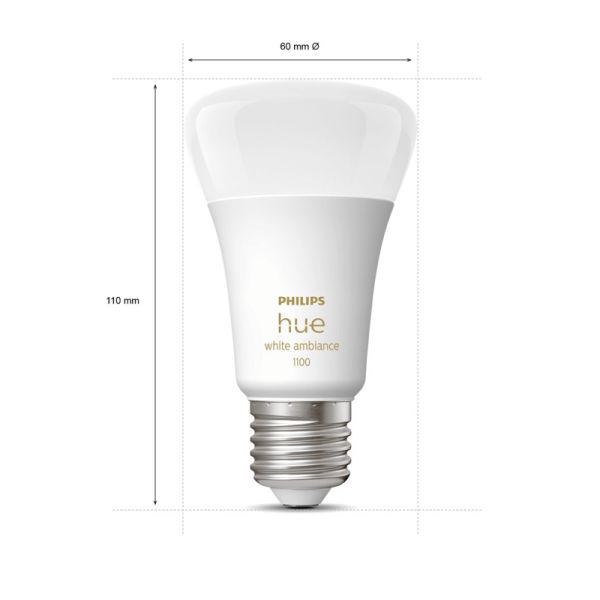 Bombilla inteligente Philips Hue White Ambiance A60 8W 2200K-6500K E27 1100lm medidas producto