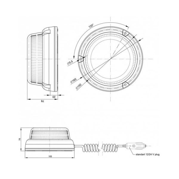 Dimensiones Rotativo LED Doble Flash sujección con tornillos FT-101 3S DF LED TA1 12V 24V Fristom | LeonLeds