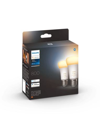 Bombilla inteligente Philips Hue White Ambiance LED 6W 2200K-6500K A60 E27 800lm Pack 2 caja producto