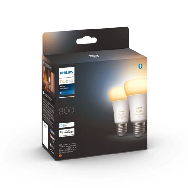 Bombilla inteligente Philips Hue White Ambiance LED 6W 2200K-6500K A60 E27 800lm Pack 2 caja producto