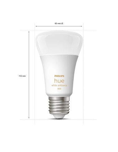 Bombilla inteligente Philips Hue White Ambiance LED 6W 2200K-6500K A60 E27 800lm Pack 2 medidas producto