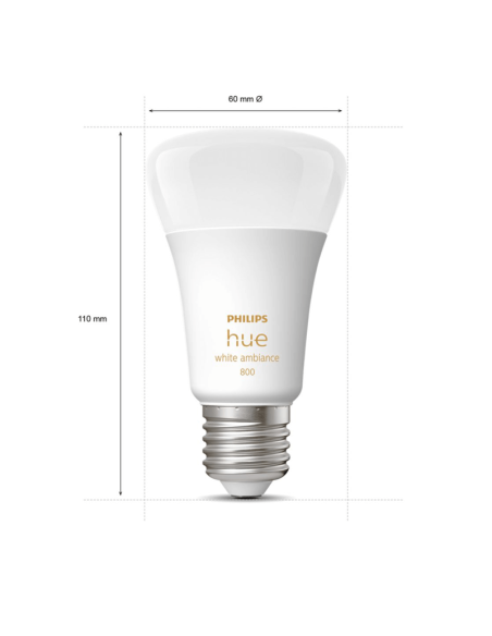 Bombilla inteligente Philips Hue White Ambiance LED 6W 2200K-6500K A60 E27 800lm Pack 2 medidas producto