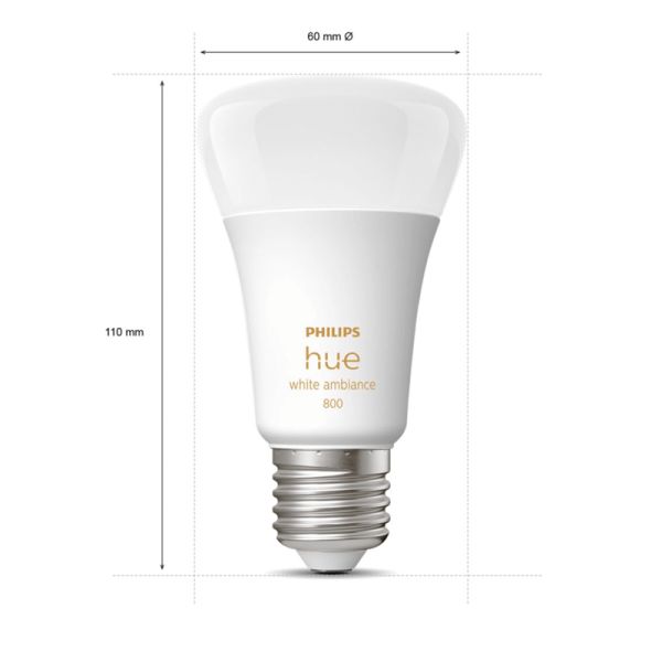 Bombilla inteligente Philips Hue White Ambiance LED 6W 2200K-6500K A60 E27 800lm Pack 2 medidas producto
