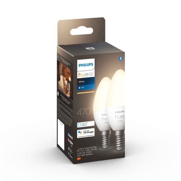 Ampoule connectée Philips Hue LED 5.5W 2700K Bougie 470lm E14 Pack 2 produit box