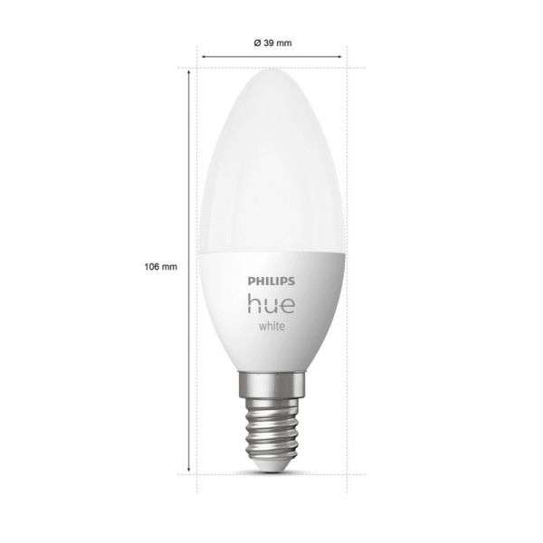 Ampoule intelligente Philips Hue LED 5.5W 2700K Bougie 470lm E14 Pack 2 mesures produits