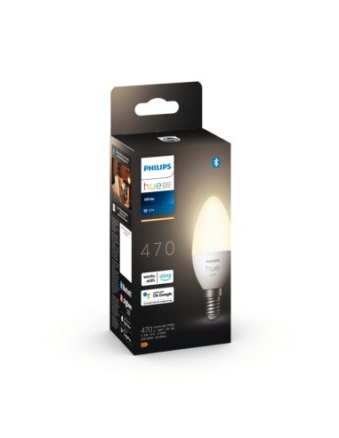 Bombilla inteligente Philips Hue LED 5.5W 2700K Vela 470lm E14 caja producto