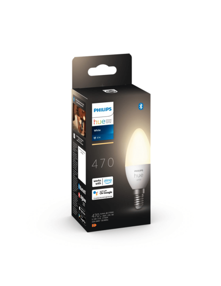 Bombilla inteligente Philips Hue LED 5.5W 2700K Vela 470lm E14 caja producto