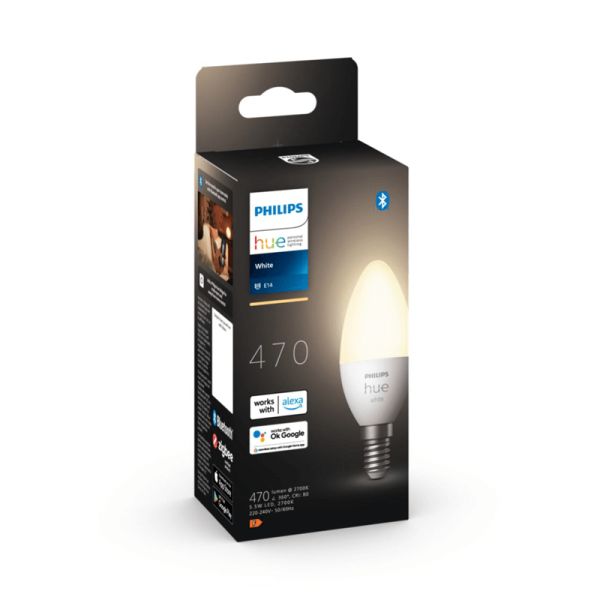 Bombilla inteligente Philips Hue LED 5.5W 2700K Vela 470lm E14 caja producto