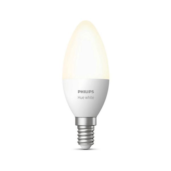 Bombilla inteligente Philips Hue LED 5.5W 2700K Vela 470lm E14 bombilla encendida