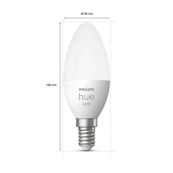 Lâmpada inteligente Philips Hue LED 5,5W 2700K Vela 470lm E14 medidas do produto