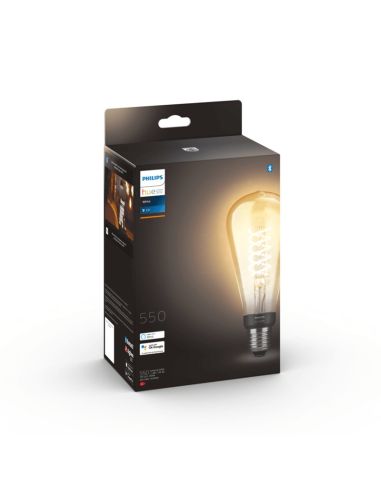 Bombilla inteligente Philips Hue 7W 2100K 550lm E27 filamento Edison caja producto