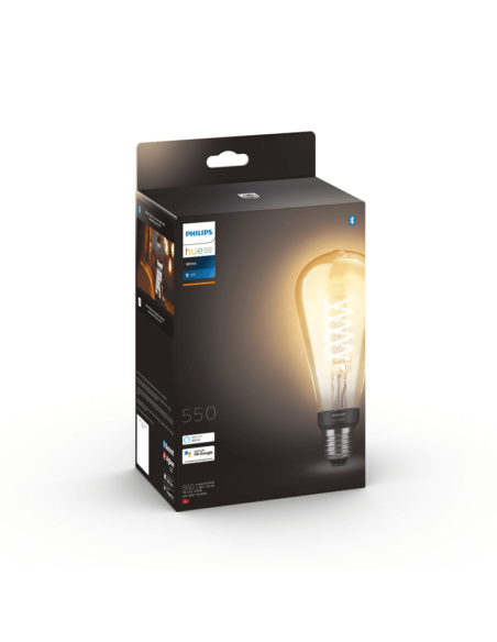 Bombilla inteligente Philips Hue 7W 2100K 550lm E27 filamento Edison caja producto