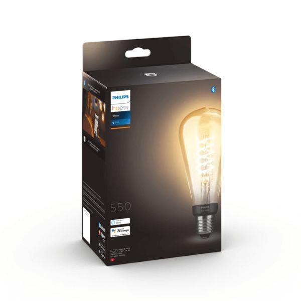 Bombilla inteligente Philips Hue 7W 2100K 550lm E27 filamento Edison caja producto