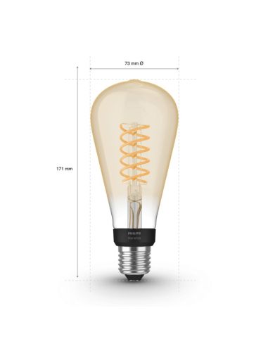 Bombilla inteligente Philips Hue 7W 2100K 550lm E27 filamento Edison medidas producto