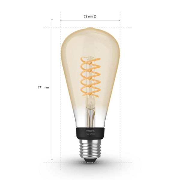 Bombilla inteligente Philips Hue 7W 2100K 550lm E27 filamento Edison medidas producto