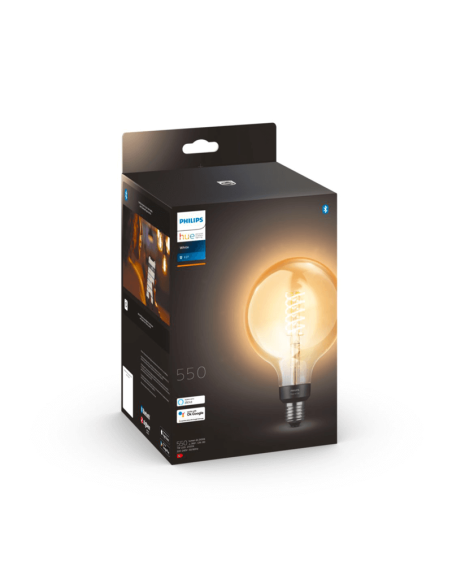 Lâmpada inteligente 7W 550lm Philips Globe 2100K G93 E27 caixa do produto
