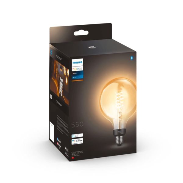 Ampoule connectée 7W 550lm Philips Globe 2100K G93 E27 coffret produit