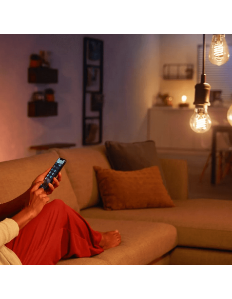 Bombilla inteligente Philips HueWhite 7W 2100K 550lm A60 E27 en un salón