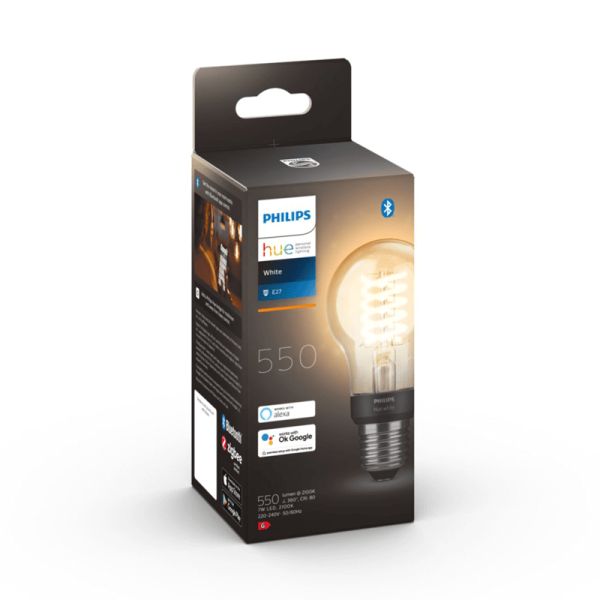 Bombilla inteligente Philips HueWhite 7W 2100K 550lm A60 E27 caja producto