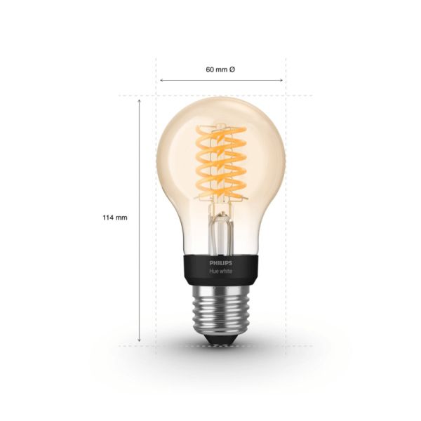 Bombilla inteligente Philips HueWhite 7W 2100K 550lm A60 E27 medidas producto