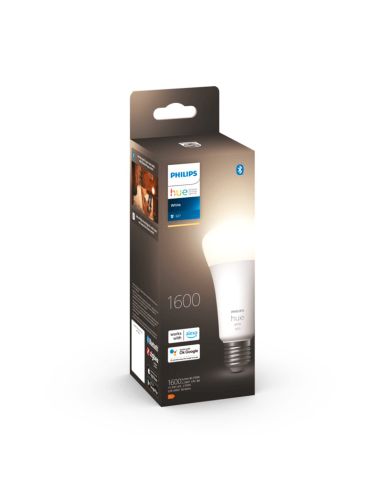 Bombilla inteligente Philips HueWhite 15.5W 2700K 1600lm A67 E27 caja producto