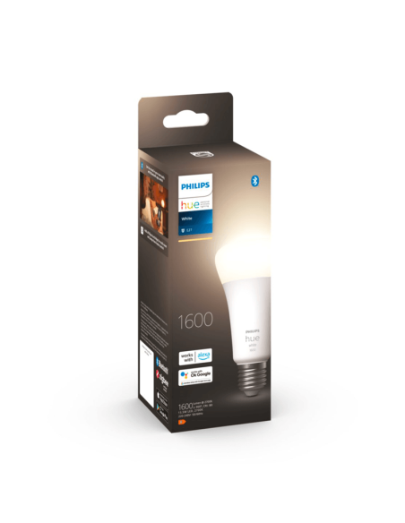 Bombilla inteligente Philips HueWhite 15.5W 2700K 1600lm A67 E27 caja producto
