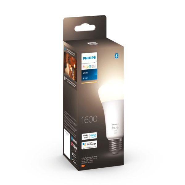 Bombilla inteligente Philips HueWhite 15.5W 2700K 1600lm A67 E27 caja producto