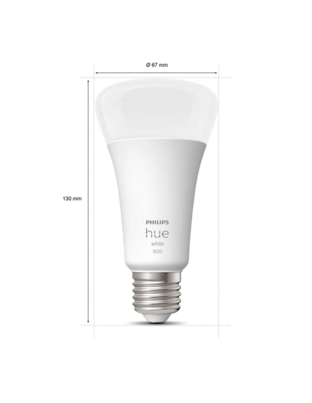 Bombilla inteligente Philips HueWhite 15.5W 2700K 1600lm A67 E27 medidas producto