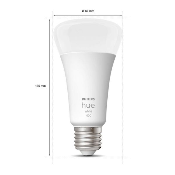 Bombilla inteligente Philips HueWhite 15.5W 2700K 1600lm A67 E27 medidas producto