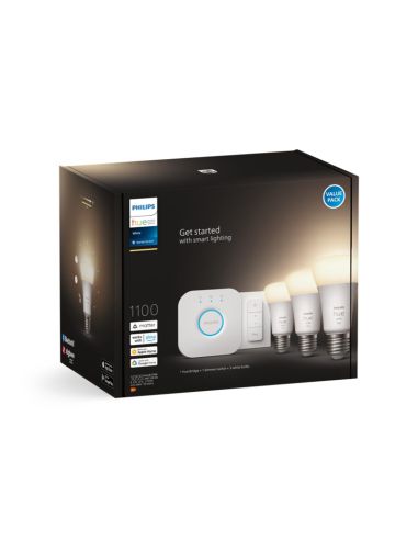 Kit inicial de lâmpada inteligente Philips HueWhite 9.5W 2700K 1055lm E27 Hue Bridge incluído na caixa do produto