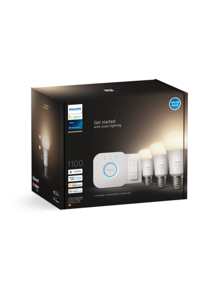 Kit de inicio bombillas inteligente Philips HueWhite 9.5W 2700K 1055lm E27 Hue Bridge incluido caja producto