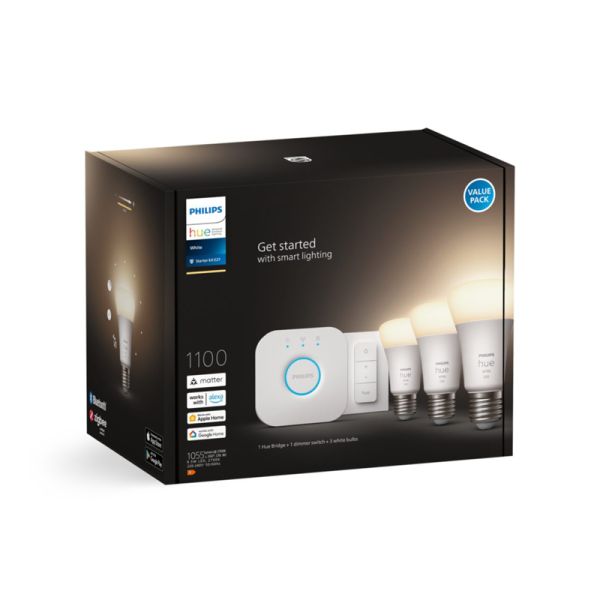 Kit de démarrage ampoule intelligente Philips HueWhite 9,5W 2700K 1055lm E27 Hue Bridge inclus dans la boîte du produit