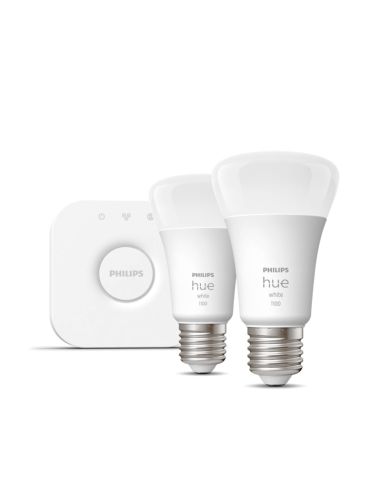 Kit de inicio bombillas inteligentes Philips HueWhite luz blanca cálida regulable 9.5W 2700K 1055lm E27 Hue Bridge incluido